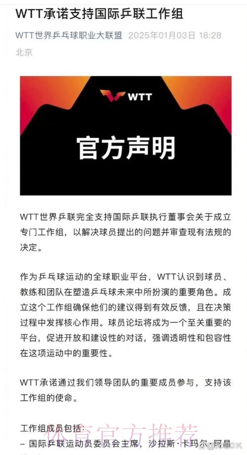 WTT世界乒联支持国际乒联成立专门工作组 WTT世界乒联支持国际乒联成立专门工作组